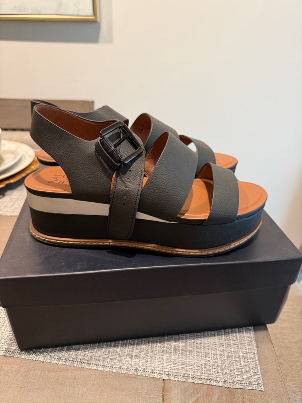 Naturalizer Black Platform Strappy Sandal with Tan Footbed